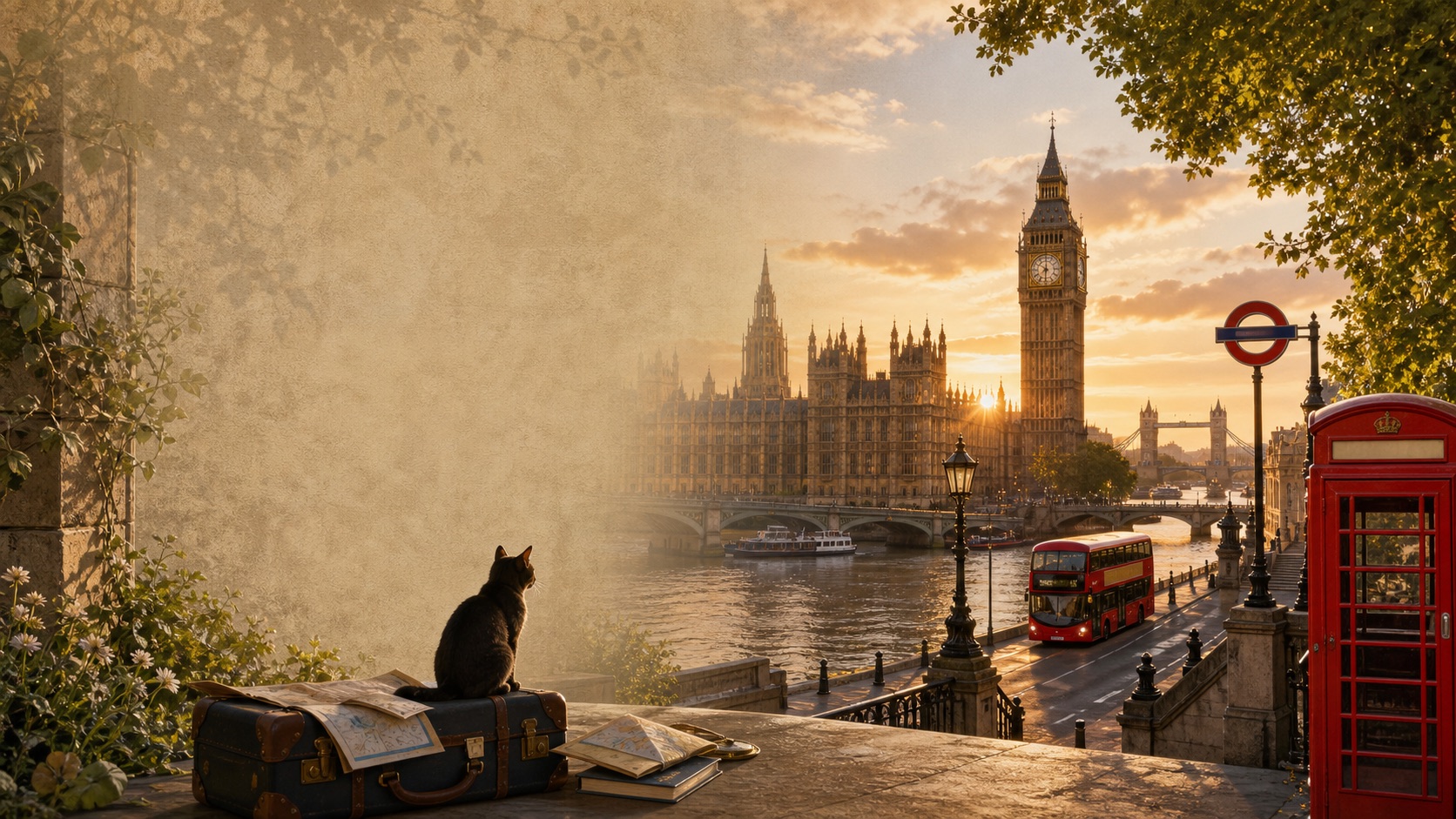 英國喵主視覺：倫敦泰晤士河、西敏寺、Big Ben、紅色巴士、電話亭與行李箱上的貓
