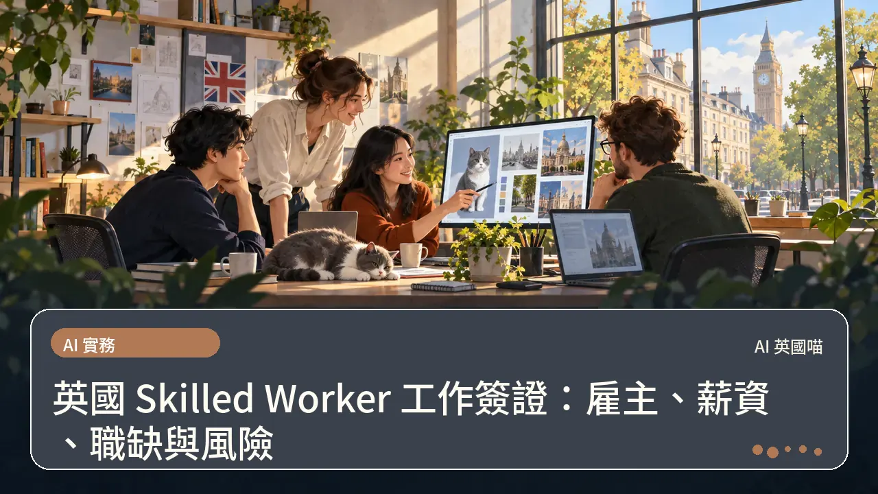 英國 Skilled Worker 工作簽證：雇主、薪資、職缺與風險主題插畫
