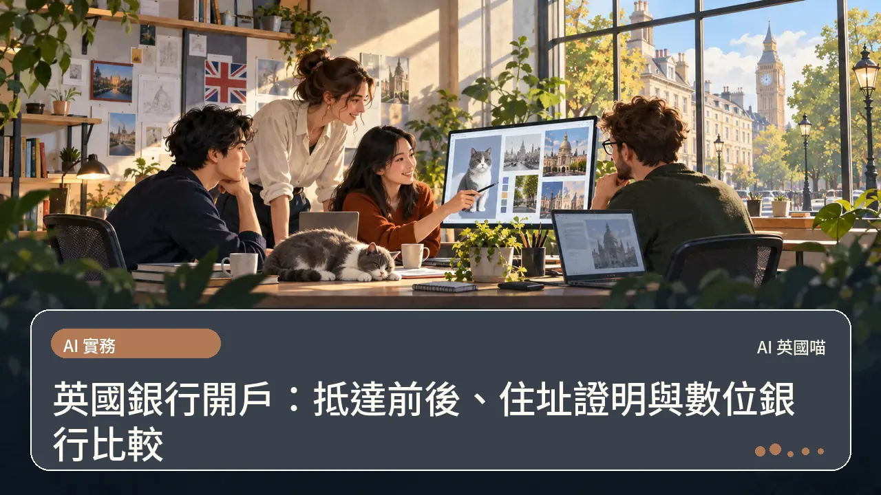 英國銀行開戶：抵達前後、住址證明與數位銀行比較主題插畫
