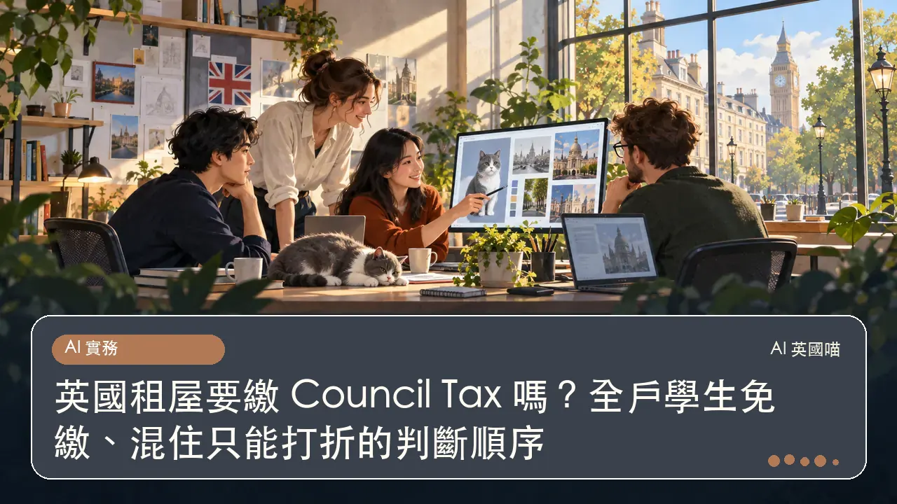 英國租屋要繳 Council Tax 嗎？全戶學生免繳、混住只能打折的判斷順序主題插畫