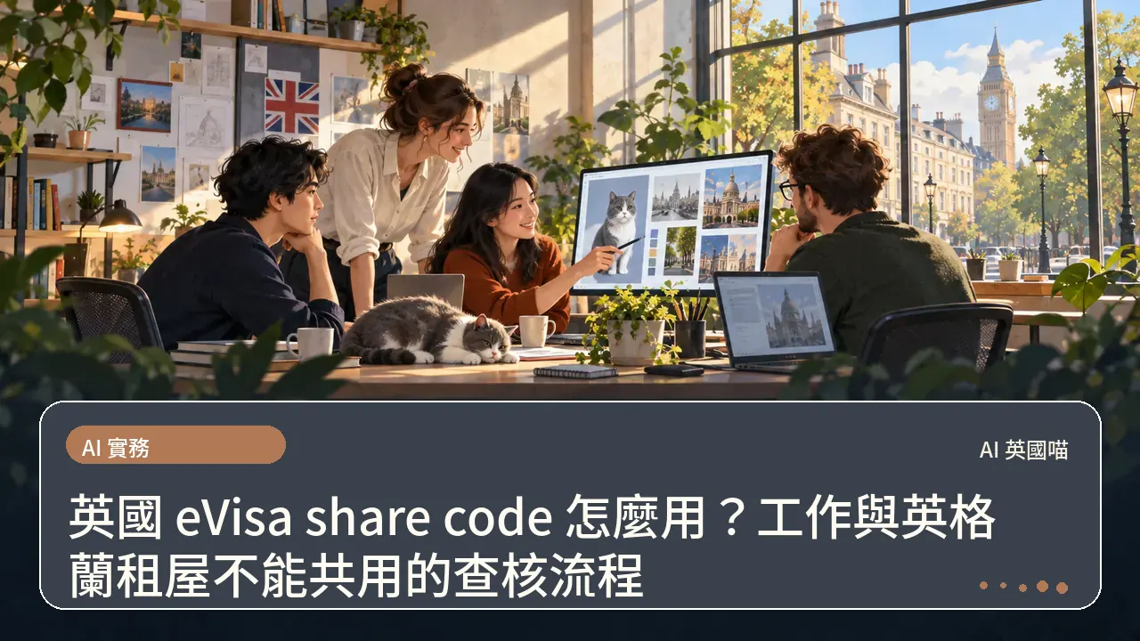 英國 eVisa share code 怎麼用?工作與英格蘭租屋不能共用的查核流程主題插畫