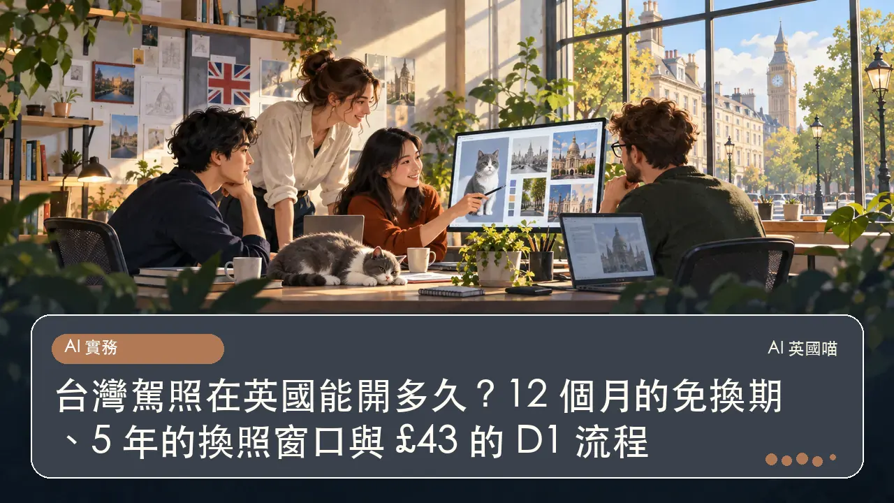 台灣駕照在英國能開多久？12 個月的免換期、5 年的換照窗口與 £43 的 D1 流程主題插畫