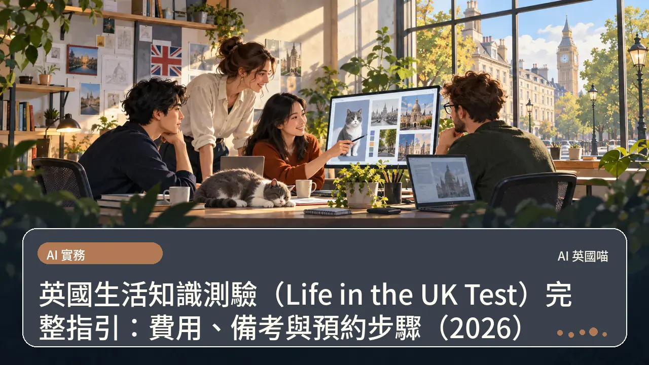 英國生活知識測驗（Life in the UK Test）完整指引：費用、備考與預約步驟（2026）主題插畫