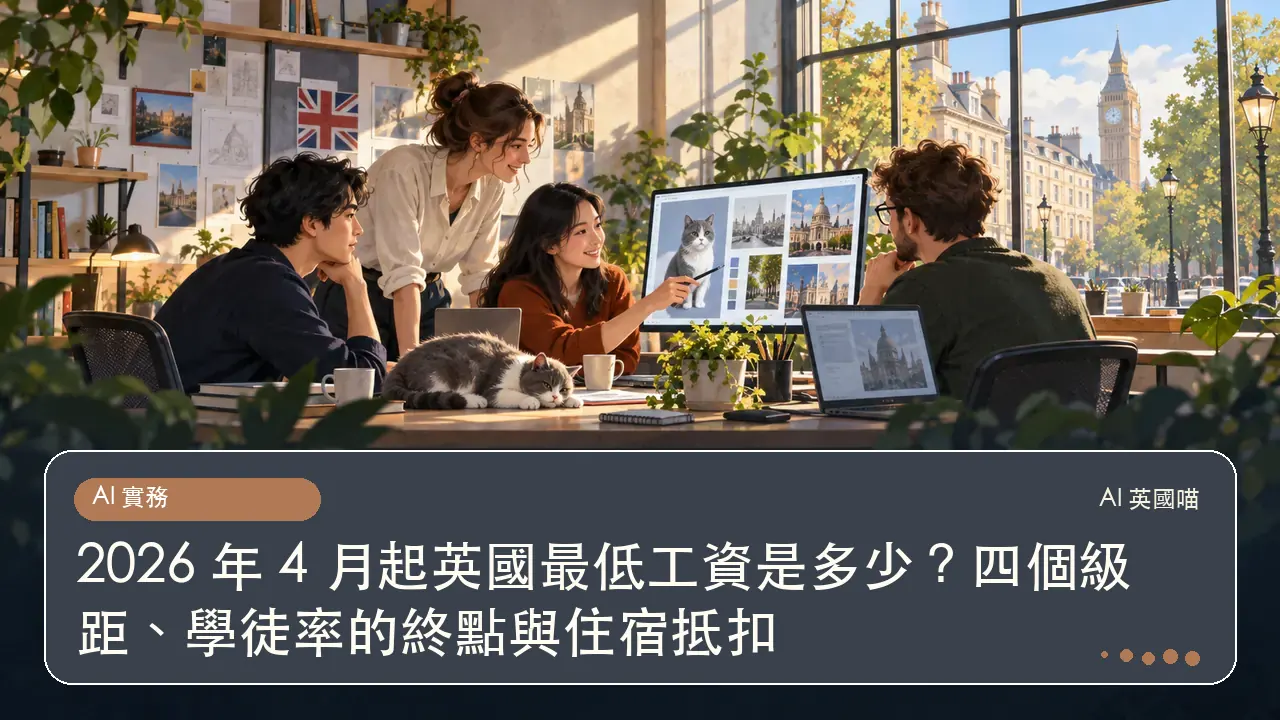 2026 年 4 月起英國最低工資是多少？四個級距、學徒率的終點與住宿抵扣主題插畫