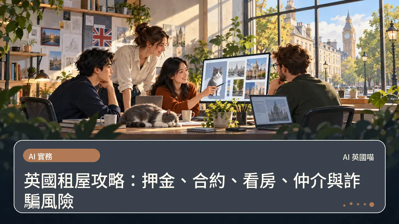 英國租屋攻略：押金、合約、看房、仲介與詐騙風險主題插畫