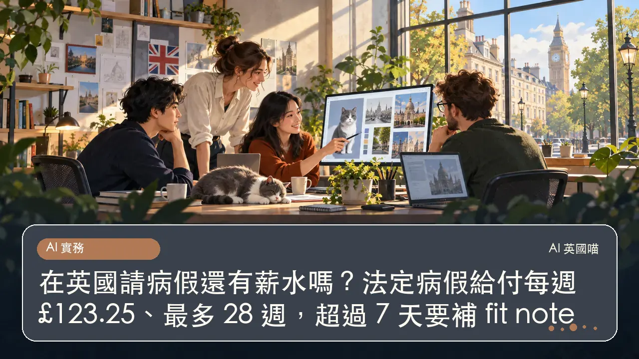 在英國請病假還有薪水嗎？法定病假給付每週 £123.25、最多 28 週，超過 7 天要補 fit note主題插畫