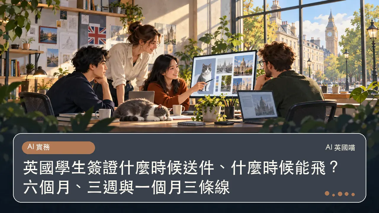 英國學生簽證什麼時候送件、什麼時候能飛?六個月、三週與一個月三條線主題插畫
