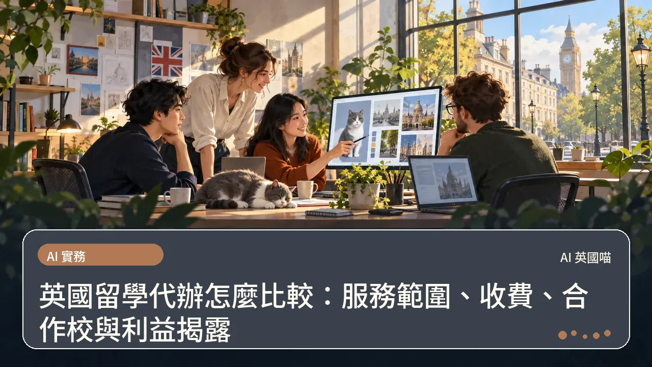 英國留學代辦怎麼比較：服務範圍、收費、合作校與利益揭露主題插畫