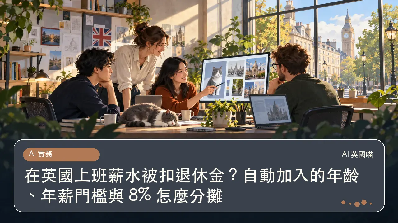 在英國上班薪水被扣退休金?自動加入的年齡、年薪門檻與 8% 怎麼分攤主題插畫