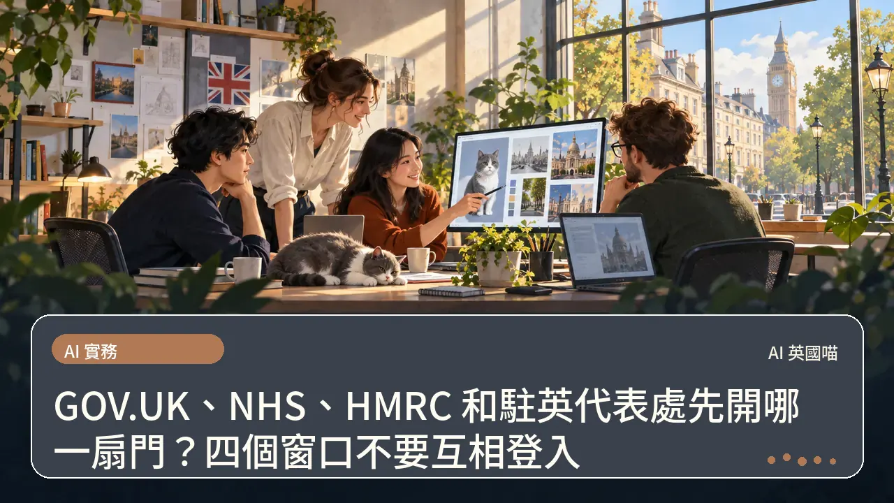 GOV.UK、NHS、HMRC 和駐英代表處先開哪一扇門？四個窗口不要互相登入主題插畫